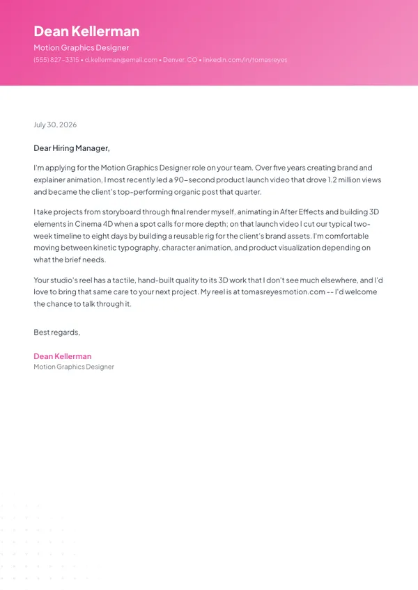 Motion Graphics Designer cover letter example — full one-page sample