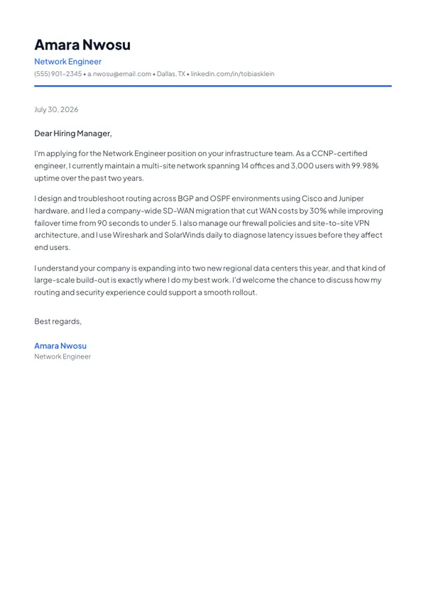 Network Engineer cover letter example — full one-page sample