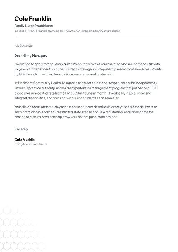 Nurse Practitioner cover letter example — full one-page sample