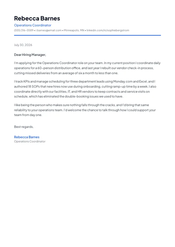 Operations Coordinator cover letter example — full one-page sample