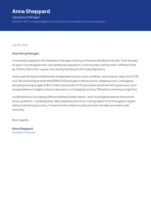 Operations Manager cover letter example — full one-page sample