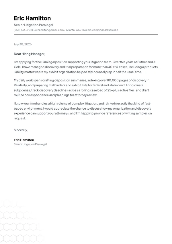 Paralegal cover letter example — full one-page sample