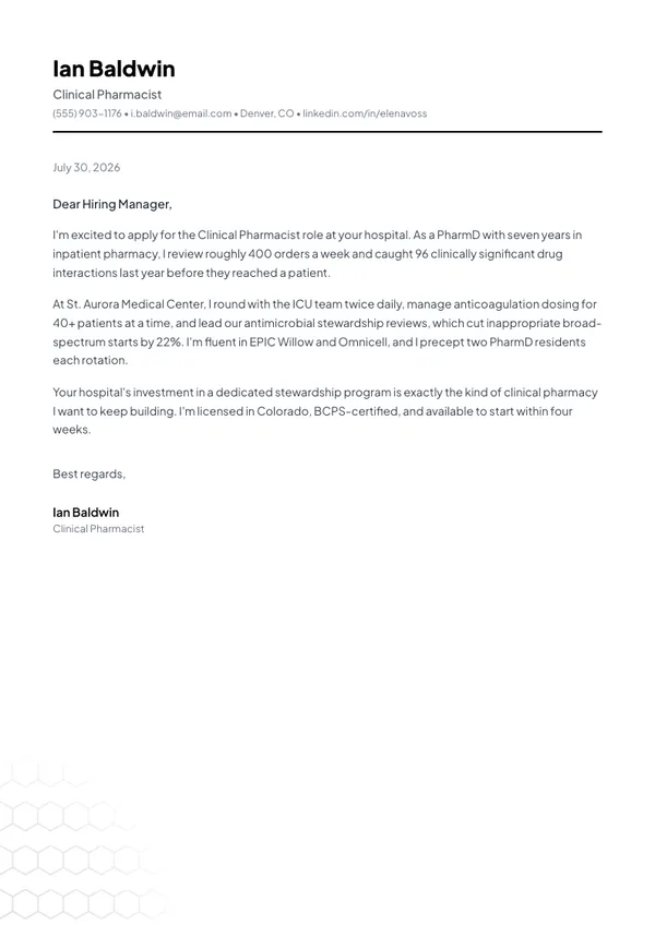Pharmacist cover letter example — full one-page sample