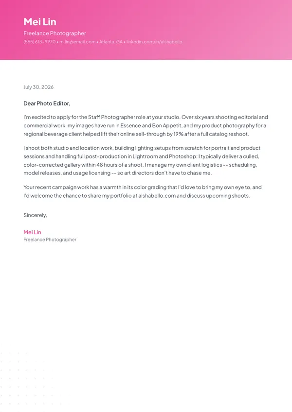 Photographer cover letter example — full one-page sample