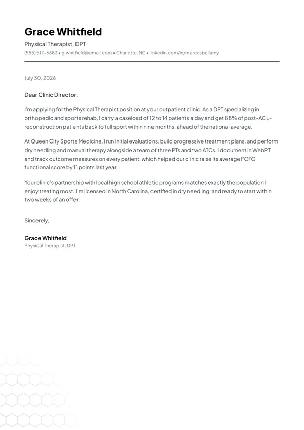 Physical Therapist cover letter example — full one-page sample