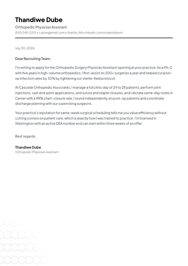 Physician Assistant cover letter example — full one-page sample