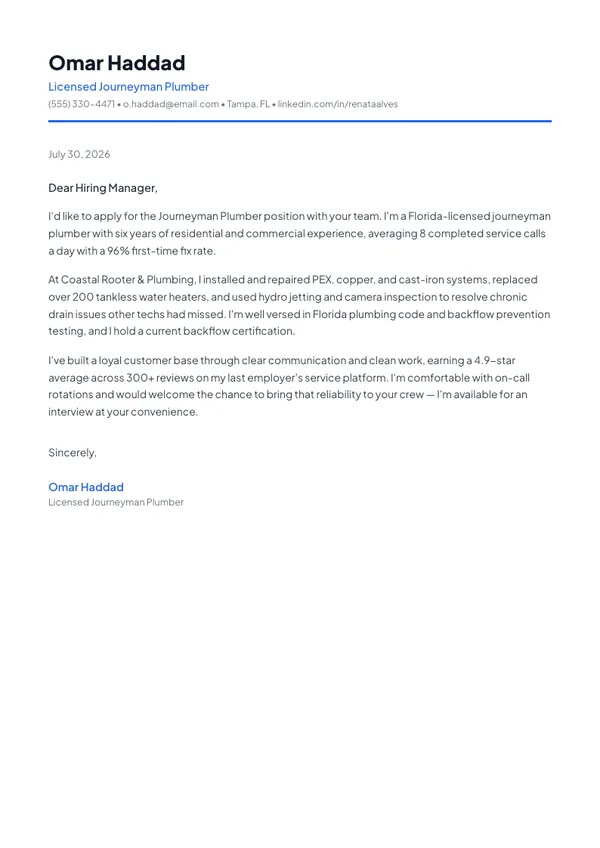 Plumber cover letter example — full one-page sample