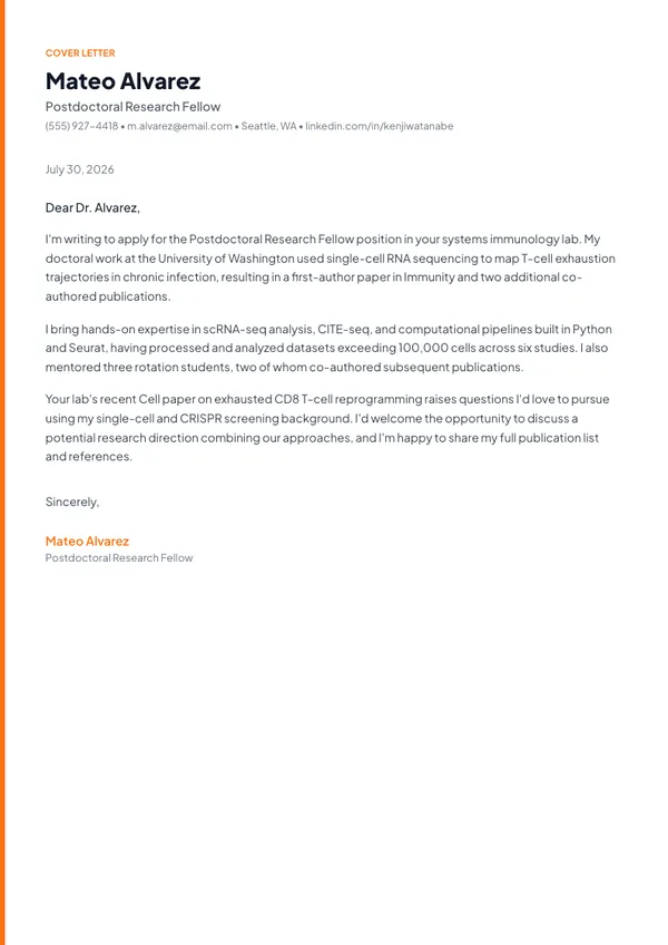 Postdoctoral Research Fellow cover letter example — full one-page sample