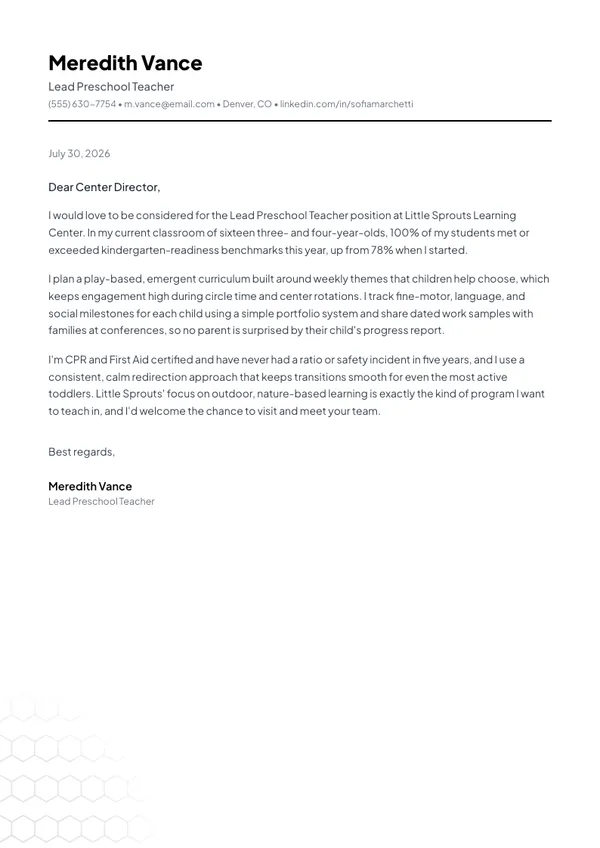 Preschool Teacher cover letter example — full one-page sample