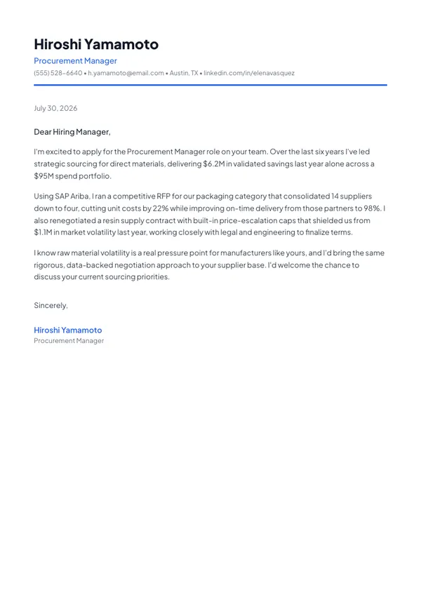 Procurement Manager cover letter example — full one-page sample