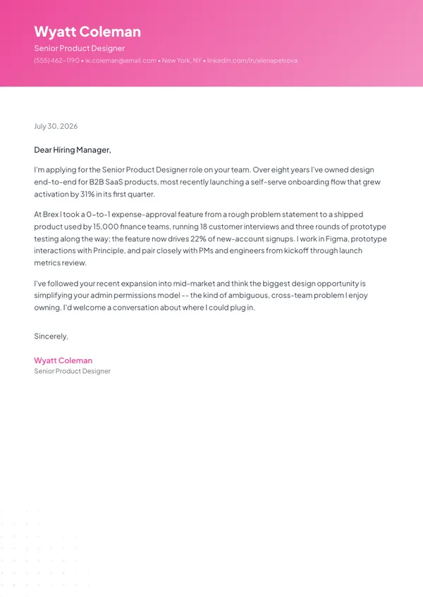 Product Designer cover letter example — full one-page sample