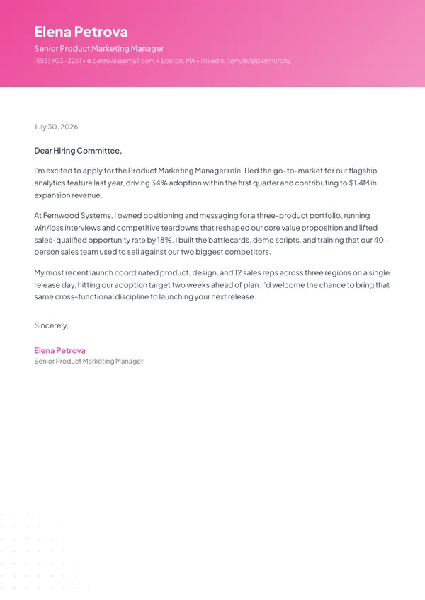 Product Marketing Manager cover letter example — full one-page sample