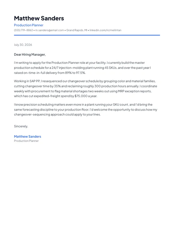 Production Planner cover letter example — full one-page sample