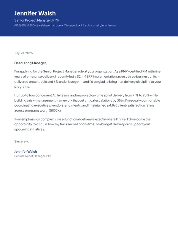 Project Manager cover letter example — full one-page sample