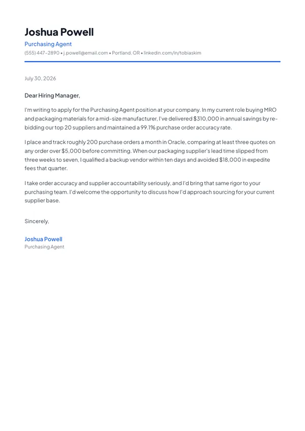 Purchasing Agent cover letter example — full one-page sample