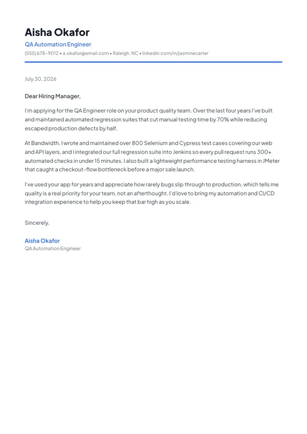 QA Engineer cover letter example — full one-page sample