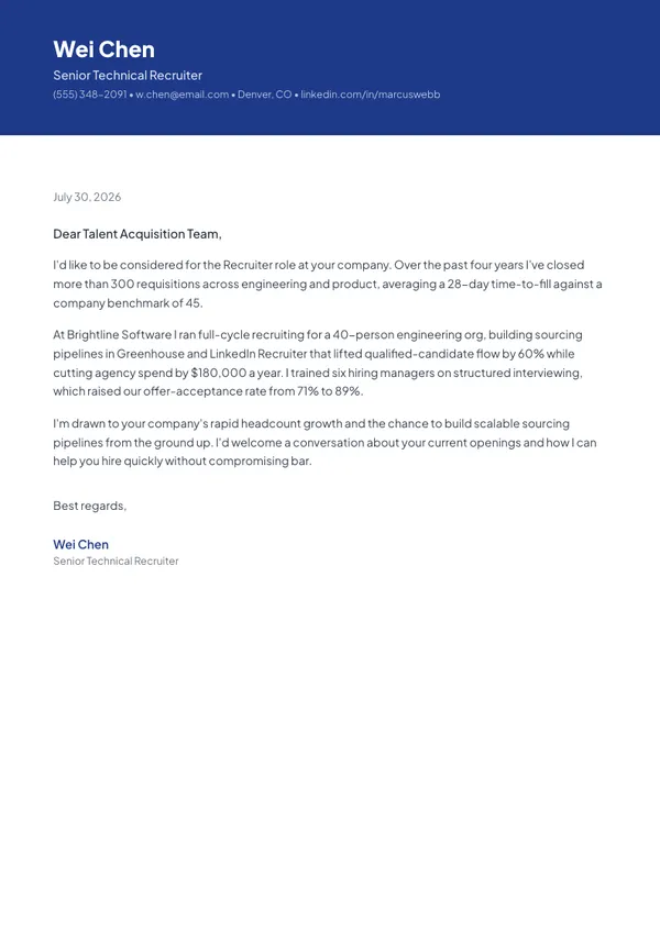 Recruiter cover letter example — full one-page sample