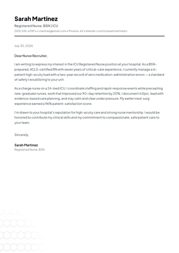 Registered Nurse cover letter example — full one-page sample