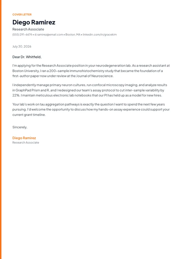 Research Associate cover letter example — full one-page sample