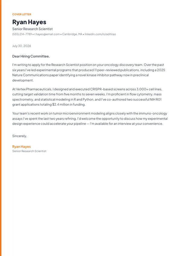 Research Scientist cover letter example — full one-page sample