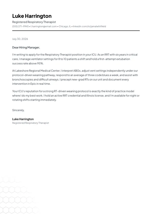 Respiratory Therapist cover letter example — full one-page sample
