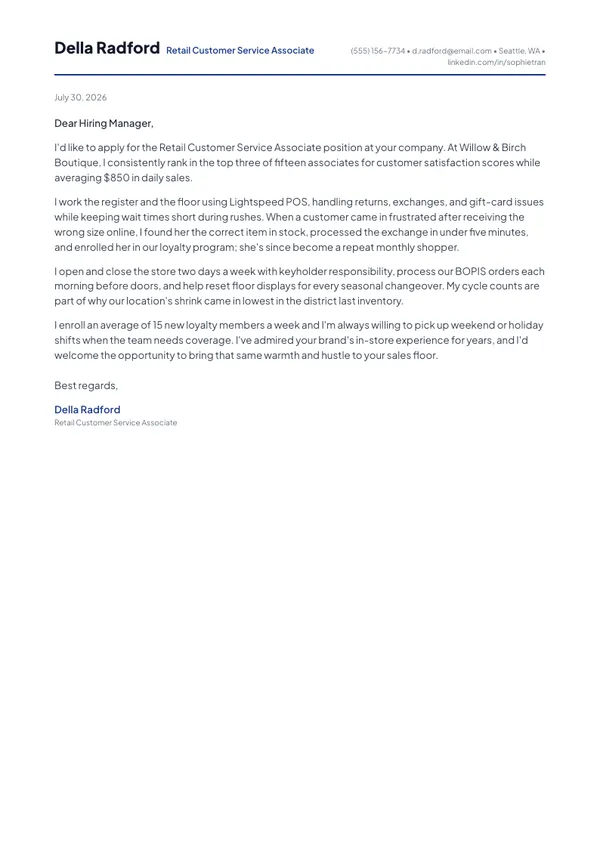 Retail Customer Service Associate cover letter example — full one-page sample