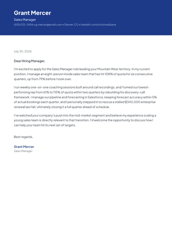 Sales Manager cover letter example — full one-page sample
