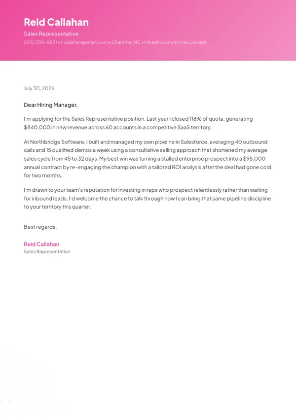 Sales Representative cover letter example — full one-page sample