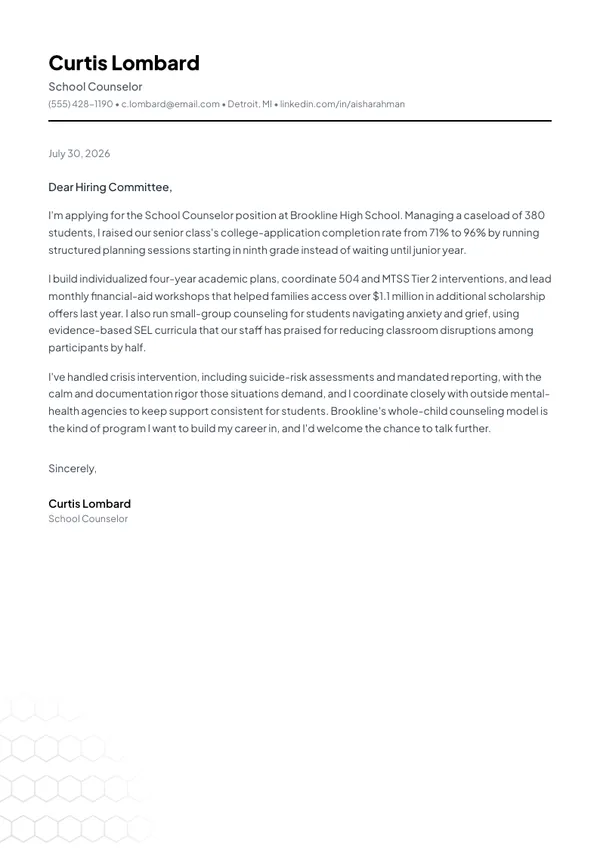 School Counselor cover letter example — full one-page sample