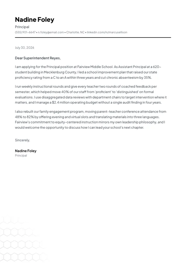 School Principal cover letter example — full one-page sample