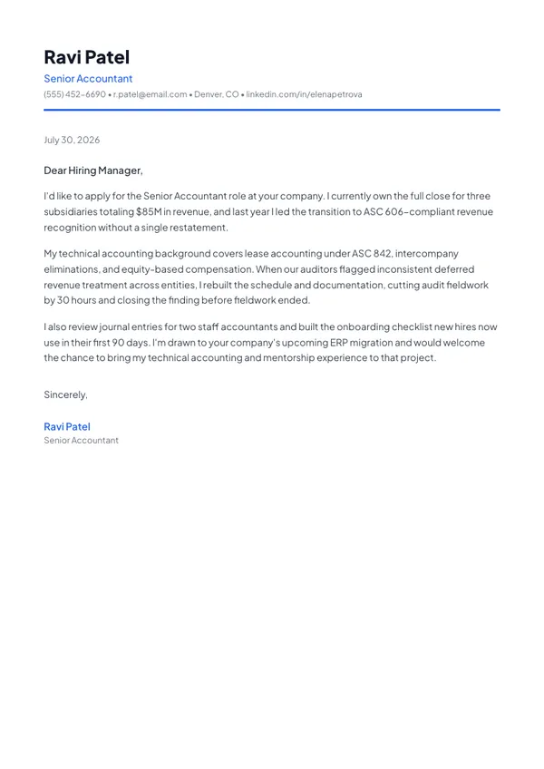 Senior Accountant cover letter example — full one-page sample