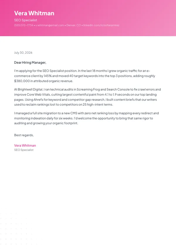 SEO Specialist cover letter example — full one-page sample