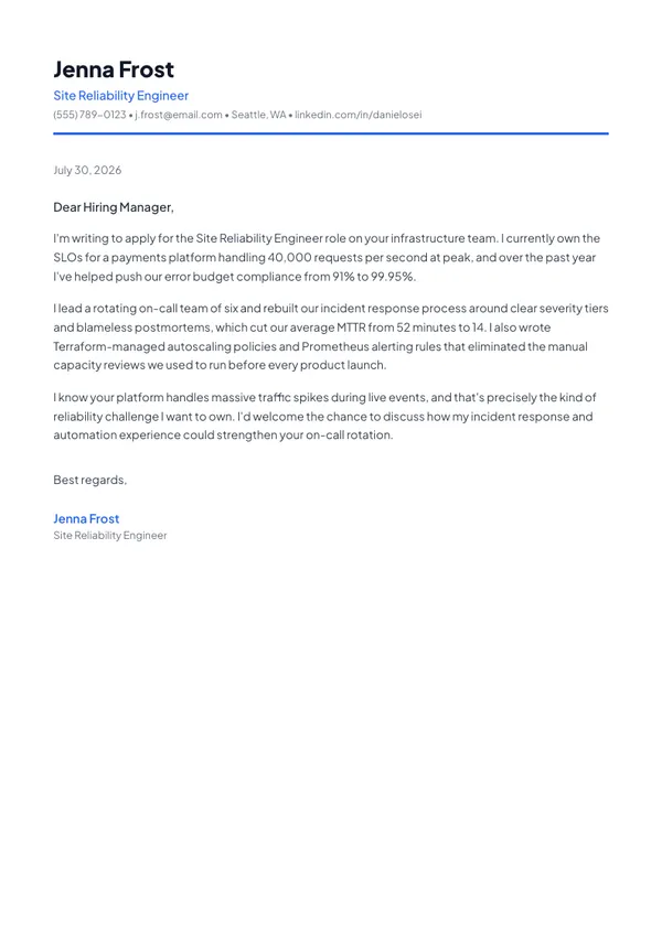 Site Reliability Engineer cover letter example — full one-page sample