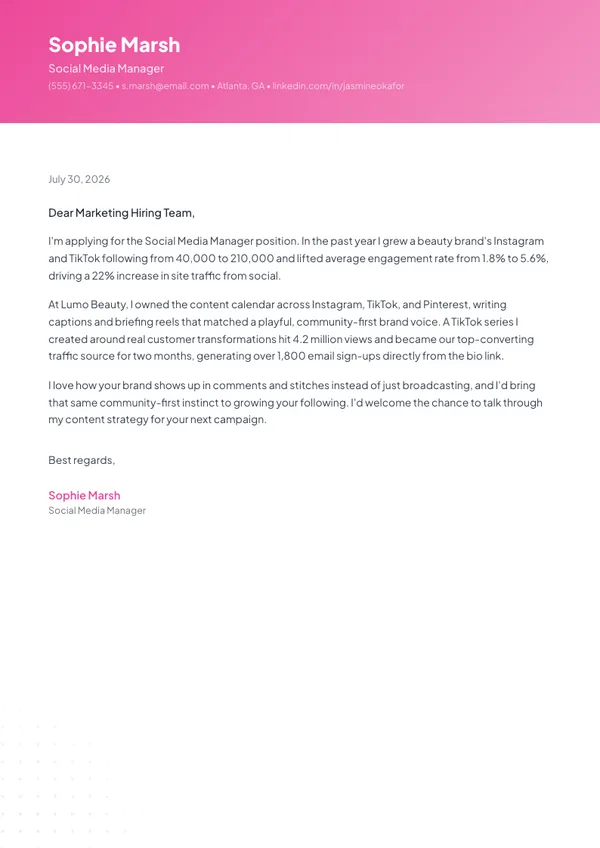 Social Media Manager cover letter example — full one-page sample