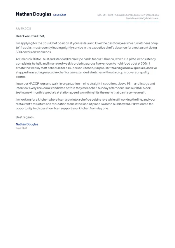 Sous Chef cover letter example — full one-page sample