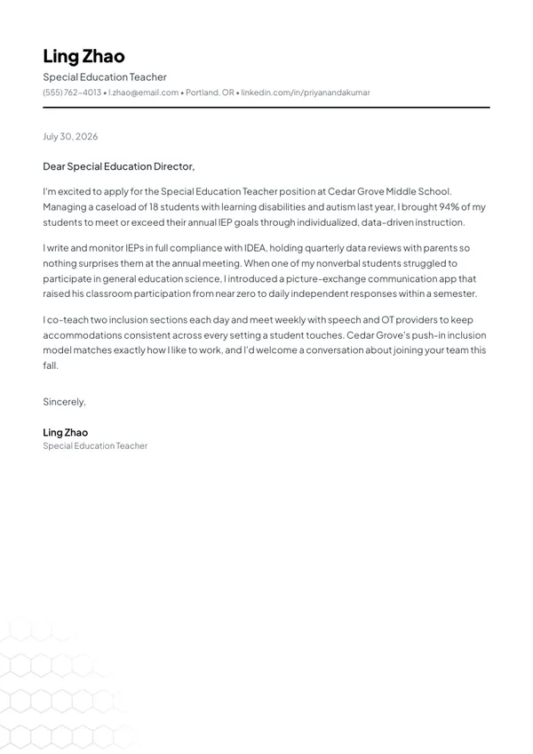 Special Education Teacher cover letter example — full one-page sample