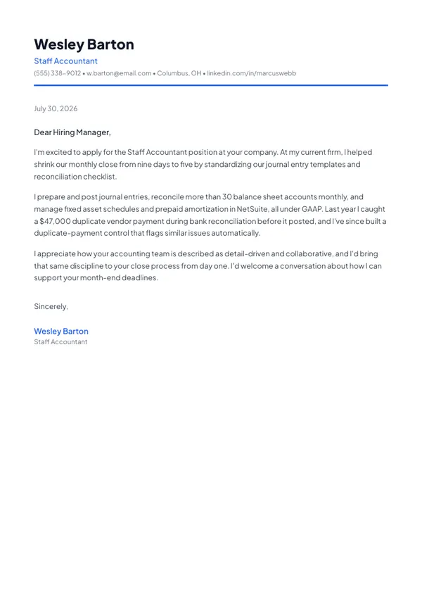 Staff Accountant cover letter example — full one-page sample