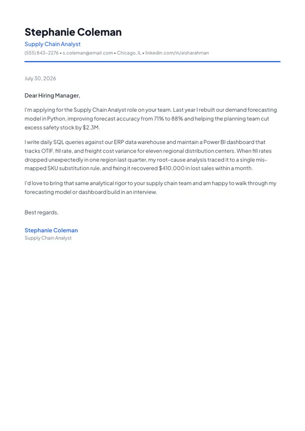 Supply Chain Analyst cover letter example — full one-page sample