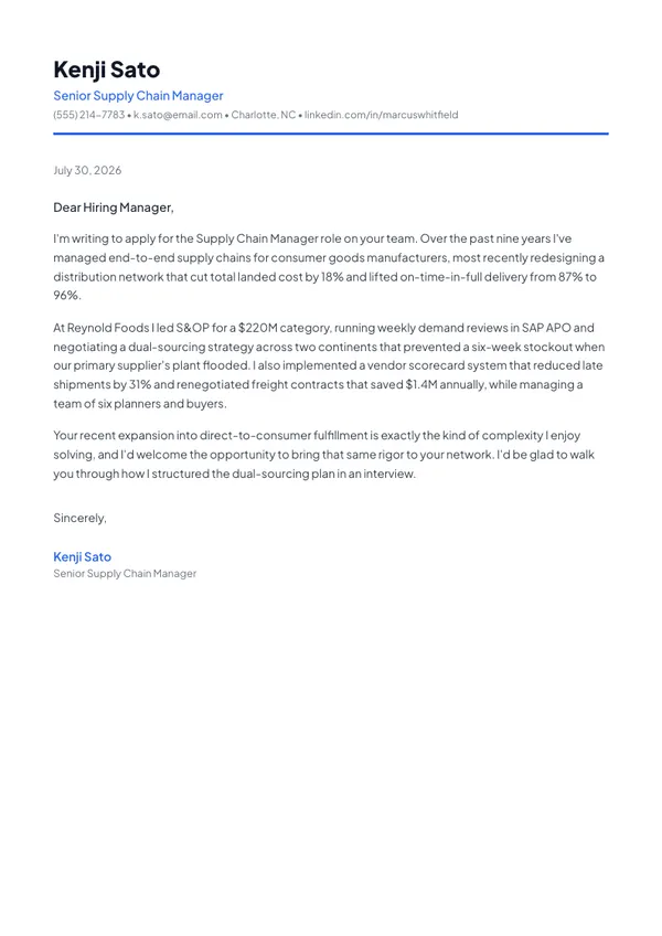 Supply Chain Manager cover letter example — full one-page sample