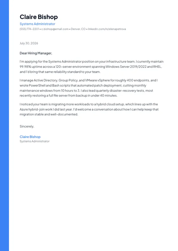 Systems Administrator cover letter example — full one-page sample