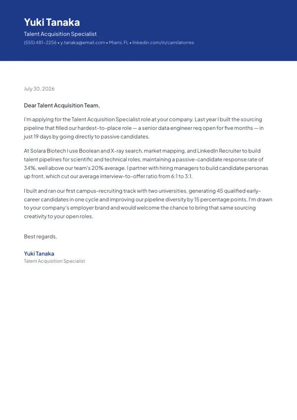 Talent Acquisition Specialist cover letter example — full one-page sample