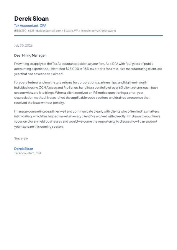 Tax Accountant cover letter example — full one-page sample
