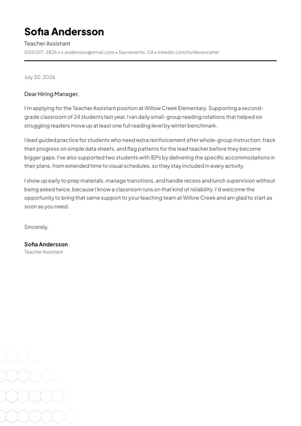 Teacher Assistant cover letter example — full one-page sample