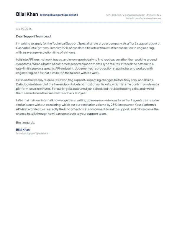 Technical Support Specialist cover letter example — full one-page sample