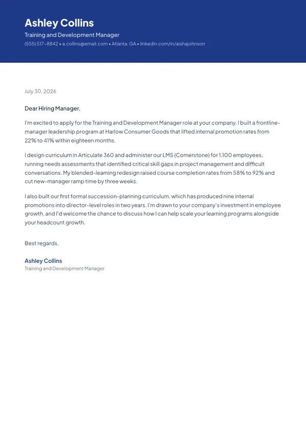 Training and Development Manager cover letter example — full one-page sample