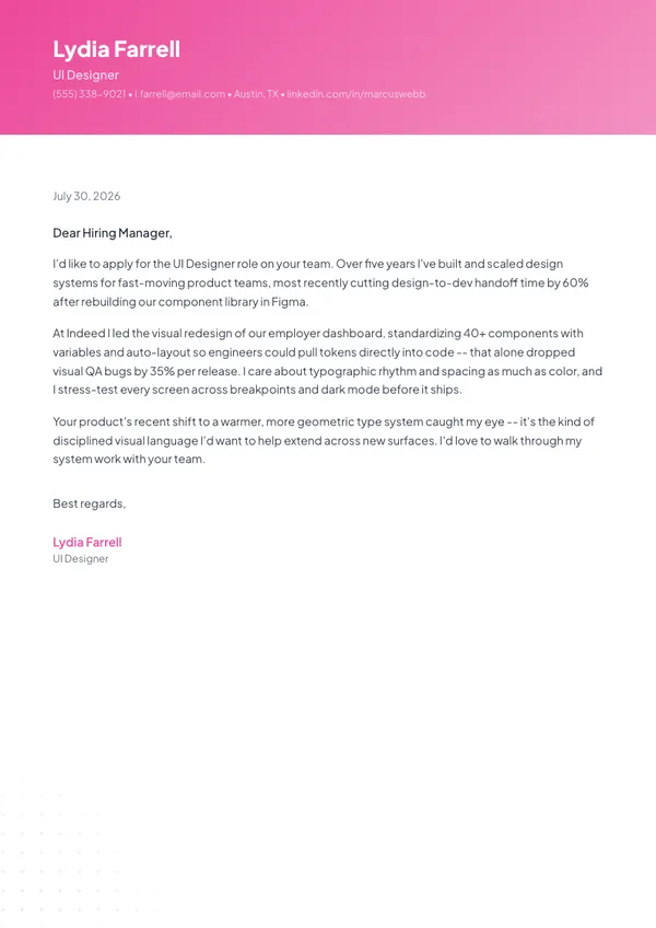UI Designer cover letter example — full one-page sample