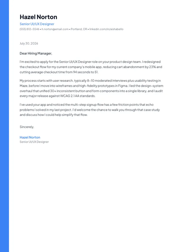 UI/UX Designer cover letter example — full one-page sample