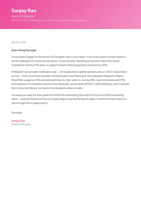 UX Designer cover letter example — full one-page sample