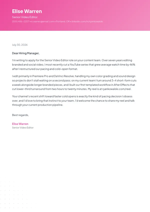 Video Editor cover letter example — full one-page sample