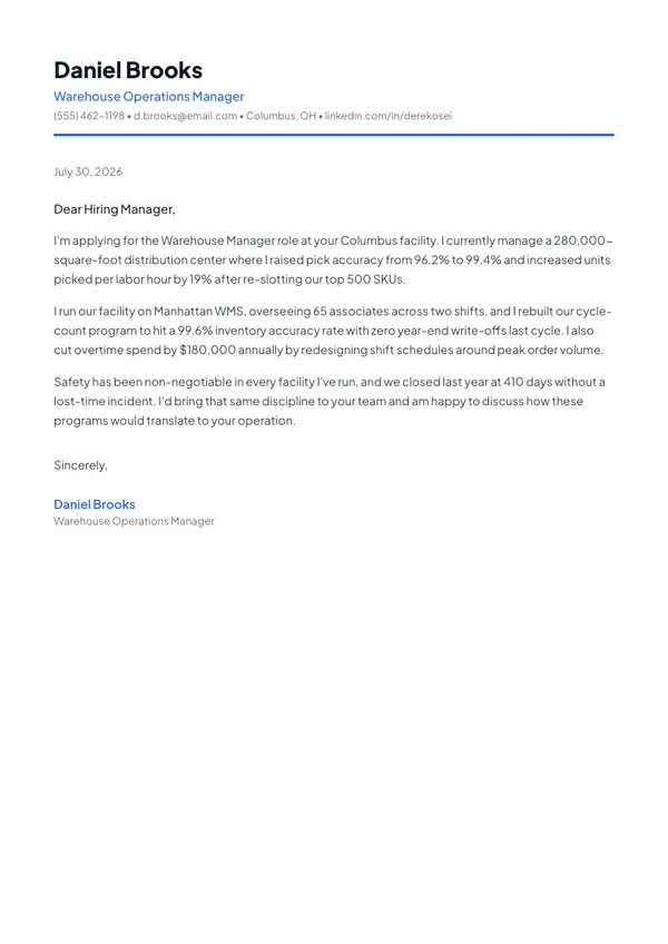 Warehouse Manager cover letter example — full one-page sample
